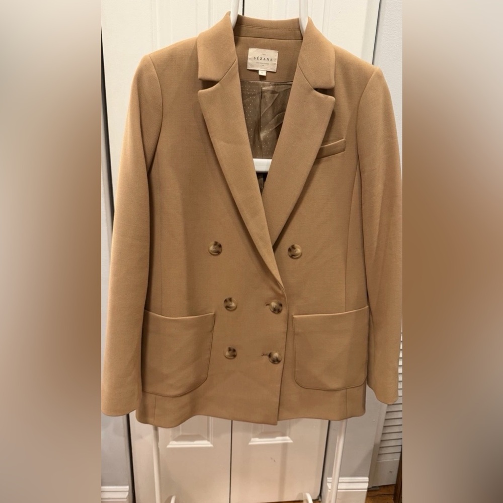 SEZANE Tan Wool Blend Double Breasted Blazer Jacket Size 34